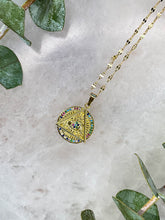 Load image into Gallery viewer, Evil Eye Rainbow Pyramid Gold Medallion Necklace