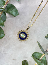 Load image into Gallery viewer, Evil Eye Sun Rays Blue &amp; Gold Medallion Necklace