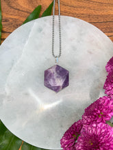 Load image into Gallery viewer, Lepidolite Faceted Hexagon Crystal Medallion Silver Necklace