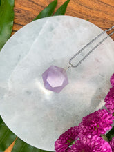 Load image into Gallery viewer, Amethyst Faceted Hexagon Crystal Medallion Silver Necklace