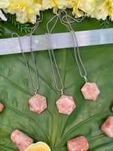 Load image into Gallery viewer, Sunstone Faceted Hexagon Crystal Medallion Silver Necklace