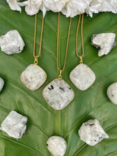 Load image into Gallery viewer, Rainbow Moonstone Faceted Square Crystal Medallion Gold Necklace