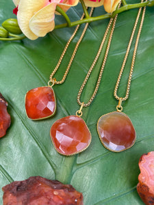 Carnelian Faceted Square Crystal Medallion Gold Necklace