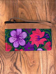 Embroidered Floral Faux Leather Purse with Double Zipper & Adjustable Strap