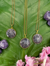 Load image into Gallery viewer, Lepidolite Circular Crystal Medallion Gold Necklace