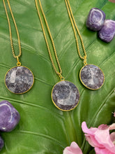 Load image into Gallery viewer, Lepidolite Circular Crystal Medallion Gold Necklace