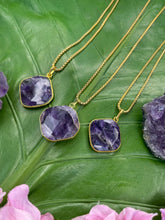 Load image into Gallery viewer, Amethyst Faceted Square Crystal Medallion Gold Necklace