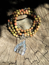 Load image into Gallery viewer, Unakite & Pyrite 108 Mala Beads w/ Ganesh