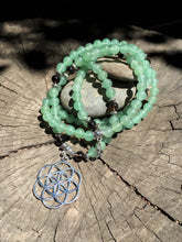 Load image into Gallery viewer, Green Aventurine & Smokey Quartz 108 Mala Beads w/ Seed of Life