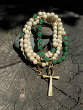 Load image into Gallery viewer, Green Aventurine & White Wood Mala Beads with Egyptian Ankh