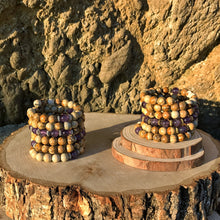 Load image into Gallery viewer, Amethyst & Picture Jasper 108 Bead Mala Bracelet (For Zodiac: Aquarius)