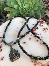 Load image into Gallery viewer, Obsidian & Pyrite 108 Mala Beads w/ Ganesh