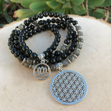 Load image into Gallery viewer, Obsidian & Labradorite Mala Beads w/ Flower of Life