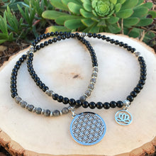 Load image into Gallery viewer, Obsidian & Labradorite Mala Beads w/ Flower of Life