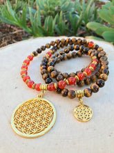 Load image into Gallery viewer, Tiger Eye & Carnelian Mala Beads w/ Flower of Life