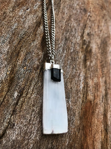 Selenite & Black Tourmaline Silver Crystal Necklace