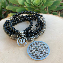 Load image into Gallery viewer, Obsidian & Labradorite Mala Beads w/ Flower of Life