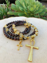 Load image into Gallery viewer, Garnet & Citrine Mala Beads w/ Egyptian Ankh