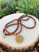 Load image into Gallery viewer, Tiger Eye & Carnelian Mala Beads w/ Flower of Life