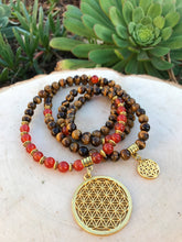 Load image into Gallery viewer, Tiger Eye & Carnelian Mala Beads w/ Flower of Life