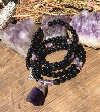 Load image into Gallery viewer, Obsidian & Amethyst Mala w/ Raw Amethyst Pendant