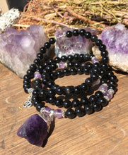 Load image into Gallery viewer, Obsidian & Amethyst Mala w/ Raw Amethyst Pendant