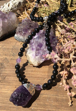Load image into Gallery viewer, Obsidian & Amethyst Mala w/ Raw Amethyst Pendant