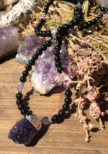 Load image into Gallery viewer, Obsidian & Amethyst Mala w/ Raw Amethyst Pendant