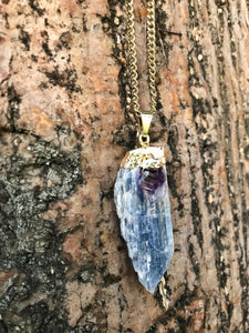 Blue Kyanite & Amethyst Crystal Gold Necklace