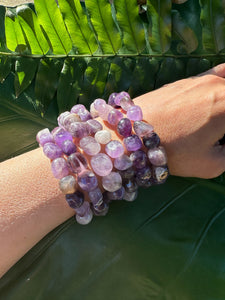 Amethyst Bracelet, Tumbled Amethyst Crystal Beaded Stretch Bracelet, Purple Quartz, Natural Polished Handmade Gemstone Beads