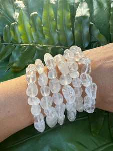 Clear Quartz Bracelet, Tumbled Crystal Beaded Stretch Bracelet, Natural Polished Handmade Gemstone Beads, One Size, Premium High Quality