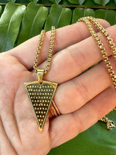 Load image into Gallery viewer, Abracadabra Necklace, Magic Incantation Wicca Pendant, Gold Wiccan Wicca Triangle | Metaphysical, Esoteric, Alchemy, Magick Jewelry