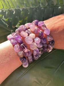 Amethyst Bracelet, Tumbled Amethyst Crystal Beaded Stretch Bracelet, Purple Quartz, Natural Polished Handmade Gemstone Beads