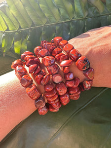 Red Jasper Bracelet, Tumbled Crystal Beaded Stretch Bracelet, Natural Polished Handmade Gemstone Beads, One Size, Premium High Quality