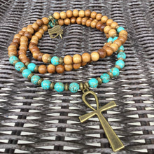 Load image into Gallery viewer, Turquoise Howlite & Light Wood with Ankh Pendant
