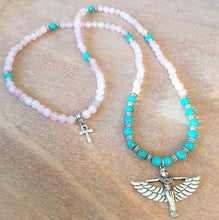 Load image into Gallery viewer, Rose Quartz & Turquoise Howlite 108 Mala Beads w/ Egyptian Goddess Isis