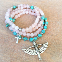 Load image into Gallery viewer, Rose Quartz & Turquoise Howlite 108 Mala Beads w/ Egyptian Goddess Isis