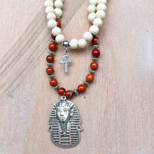 Load image into Gallery viewer, Red Jasper & White Wood Mala Beads w/ Egyptian Ankh