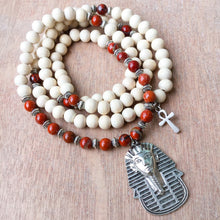 Load image into Gallery viewer, Red Jasper & White Wood Mala Beads w/ Egyptian Ankh