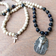 Load image into Gallery viewer, Lapis Lazuli & White Wood 108 Mala Necklace w/ Egyptian Pharaoh