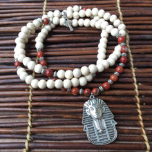 Load image into Gallery viewer, Red Jasper & White Wood Mala Beads w/ Egyptian Ankh