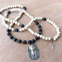Load image into Gallery viewer, Lapis Lazuli & White Wood 108 Mala Necklace w/ Egyptian Pharaoh
