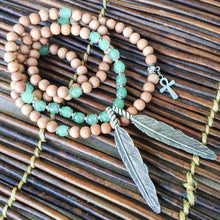 Load image into Gallery viewer, Green Aventurine & Rosewood 108 Bead Mala Necklace w/ Feathers