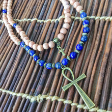 Load image into Gallery viewer, Lapis Lazuli & Rosewood 108 Mala Beads w/ Egyptian Ankh Pendant