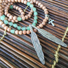 Load image into Gallery viewer, Green Aventurine & Rosewood 108 Bead Mala Necklace w/ Feathers