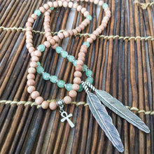 Load image into Gallery viewer, Green Aventurine & Rosewood 108 Bead Mala Necklace w/ Feathers