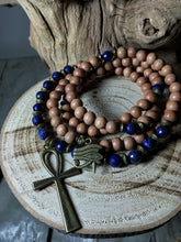 Load image into Gallery viewer, Lapis Lazuli & Rosewood 108 Mala Beads w/ Egyptian Ankh Pendant