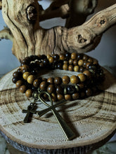 Load image into Gallery viewer, Garnet & Wood Mala Beads w/ Egyptian Ankh Pendant
