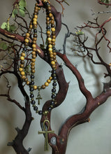 Load image into Gallery viewer, Garnet & Wood Mala Beads w/ Egyptian Ankh Pendant