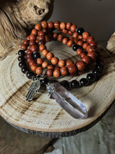 Load image into Gallery viewer, Garnet Mala Beads with Clear Quartz Pendant